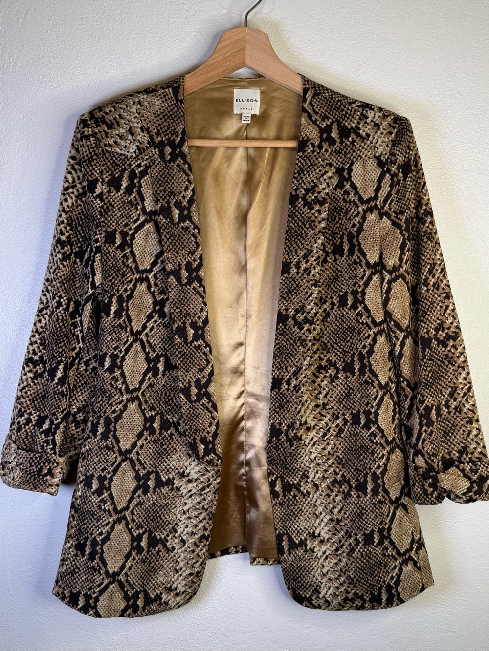 Ellison Snake Print Open Front Blazer Brown & Black 3/4 Sleeves Women's Sz Small